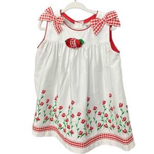 Rare Editions White Dress with Embroidered Red Flowers 18 months